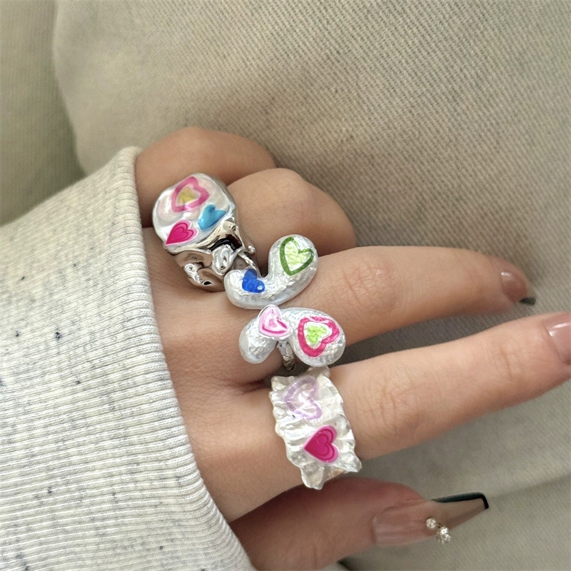 Y2K手工珐琅滴油多巴胺女孩蝴蝶爱心叠戴戒指 甜酷百搭开口指环戒