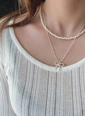 轻奢甜美双层镶钻蝴蝶结珍珠项链女小众少女高级感锁骨链颈链配饰