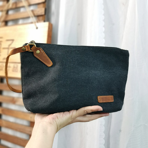 纯棉帆布手拿包休闲收纳便携简约