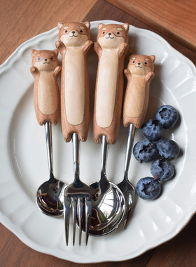 【山舍精选】柴犬勺叉套装儿童可爱卡通饭勺沙拉意面甜品实木叉子