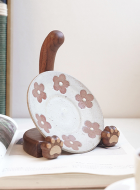 山舍原创 猫咪猫爪盘架 盘子展示收纳架黑胡桃木餐盘摆件支架托架