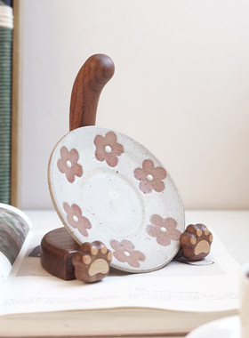 山舍原创 猫咪猫爪盘架 盘子展示收纳架黑胡桃木餐盘摆件支架托架