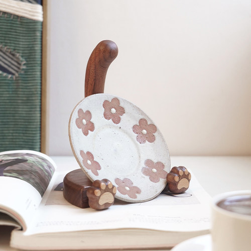 山舍原创 猫咪猫爪盘架 盘子展示收纳架黑胡桃木餐盘摆件支架托架