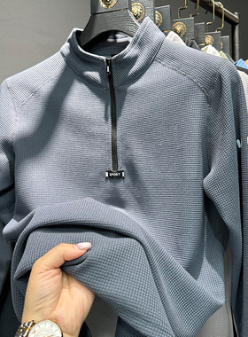 爆款城市高端！运动户外方格秋冬长袖T男跑步半拉链立领内搭外穿
