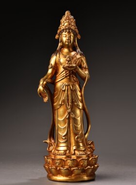 藏传黄铜仿古鎏金彩绘观音菩萨度母站佛摆件居家堂香案用品28cm
