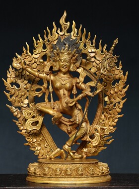 藏传黄铜鎏金仿古背光空行佛母观音像摆件居家香案供奉用品35㎝