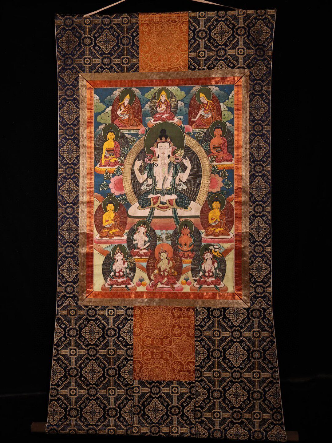 尼泊尔藏传布宣纸天然矿物颜料手绘四臂观音度母装裱唐卡堂挂壁画