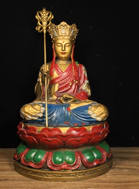 藏传黄铜鎏金彩绘描脸仿古地藏王菩萨像摆件居家香案桌面用品30㎝