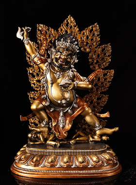 藏传黄铜鎏金银彩绘描脸护法玛哈嘎拉佛像居家佛堂供奉大摆件38cm