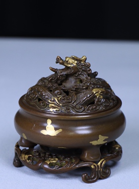 仿古黄铜点金鬲式龙头盘塔锥熏香炉茶桌香案摆件居家堂用品9cm