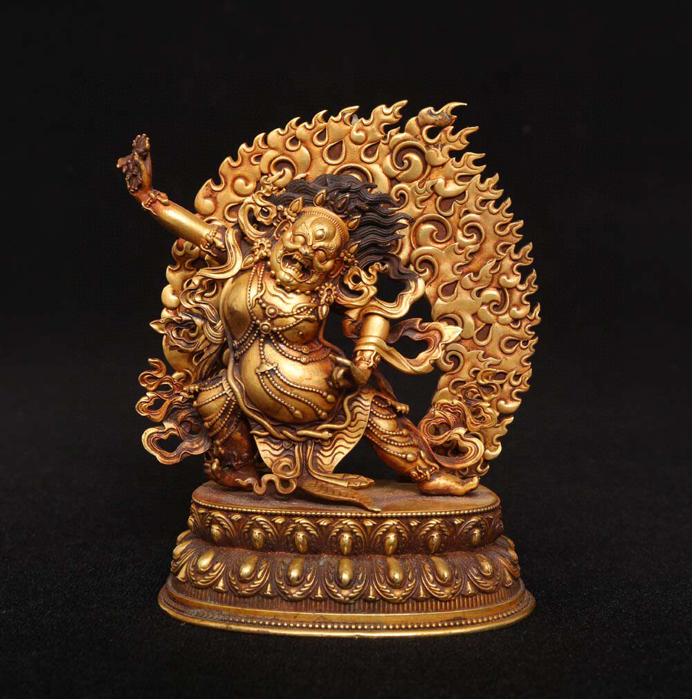 藏传老紫铜鎏金背光彩绘大黑天金刚手财神佛像摆件居家堂用品10cm