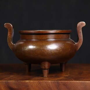 红紫铜苏工三足素面朝天耳香炉线锥塔香炉居家室内摆件用品12cm