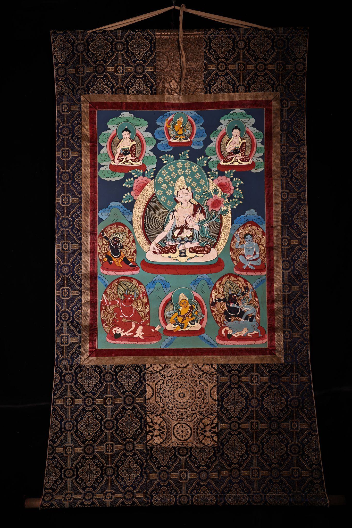 尼泊尔藏传布宣纸天然矿物颜料手绘观音白度母装裱唐卡堂挂壁画