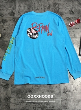 蓝色可爱搞怪英文涂鸦时尚潮牌印花下身始终盖pp宽松os打底长袖t