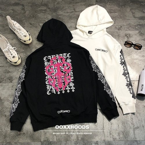 很好看高清印花玫红宝剑梵文连帽衫欧美ins潮牌宽松女男友bf卫衣