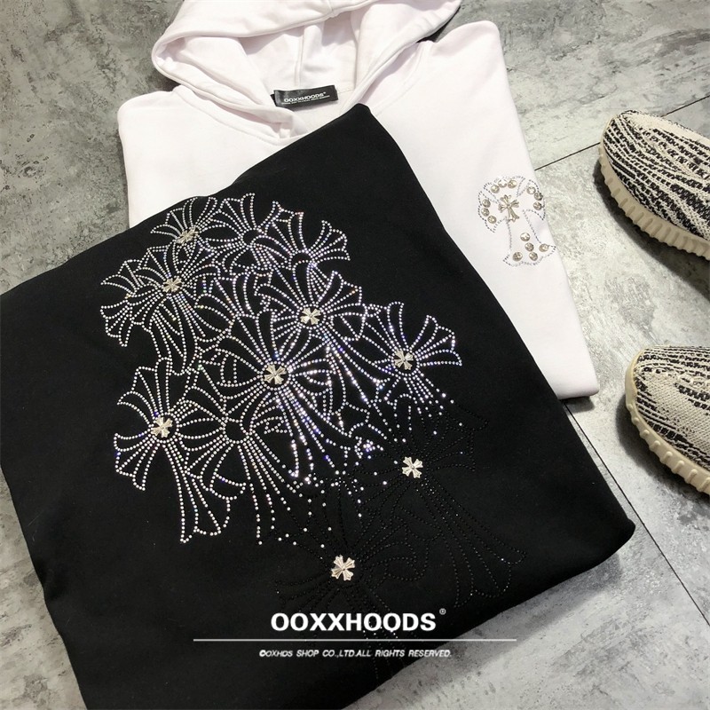 2025精致奢华闪亮bling金属烫钻十字架卫衣薄款hoodies潮牌连帽衫