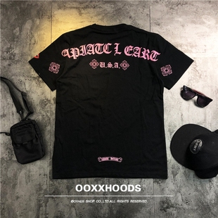 pink粉色符文英文字母十字架马蹄宽松身os女男友风短袖 ins个性 t恤