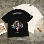 街头短袖 ins爆单款 叠加五彩色十字架宽松纯棉男女欧美潮牌个性 T恤