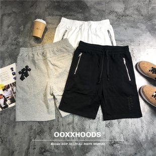 2023欧美ins个性 男女 潮流贴布pu皮质十字架拉链毛圈棉直筒五分裤