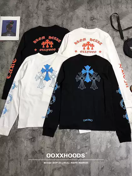 ins Blue and Orange Cross Print Arm-Length Pure Cotton Base T-Shirt, Loose Oversize Fit, Boyfriend Style, Long Sleeve for Women