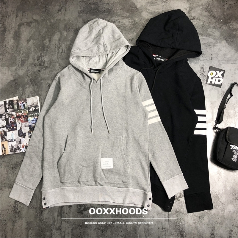 可盐可甜细节控简约纯色欧美色织条纹四道杠薄款连帽衫潮开衩卫衣