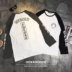 ins Trendy, Stylish, Handsome, Versatile Color-Blocked Raglan T-Shirt with Sanskrit Gothic Letters for Couples, Long-Sleeved Base Shirt