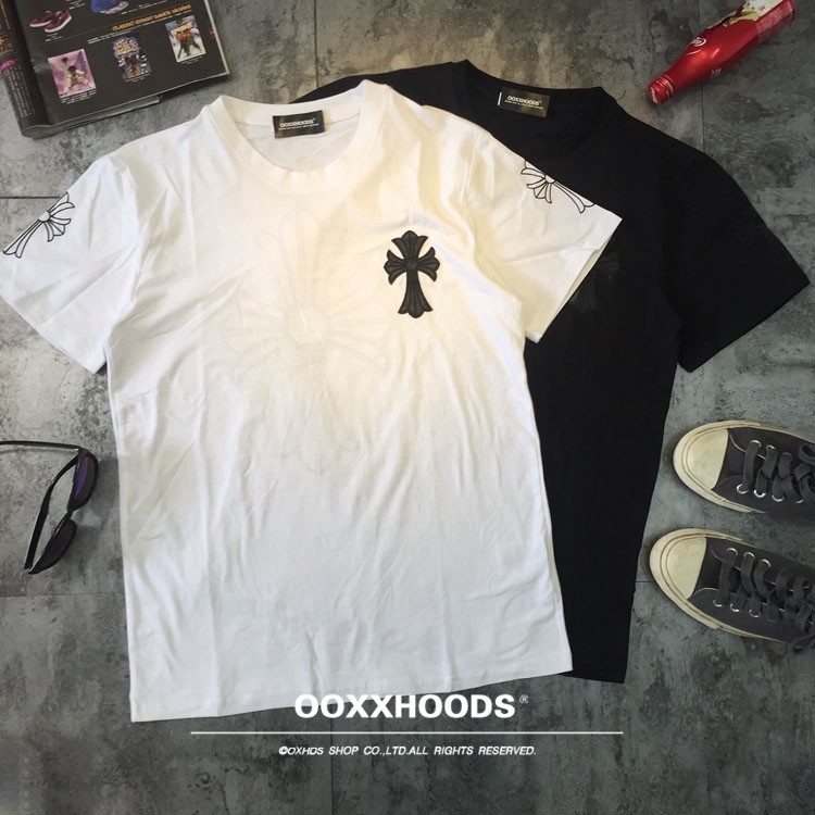欧美潮流个性INS百搭立体刺绣贴皮PU十字架纯棉圆领短袖T恤男女装