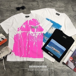 欧美抽象油画美式 oversize宽松身T恤 潮牌boyfriend高街fog掉肩款