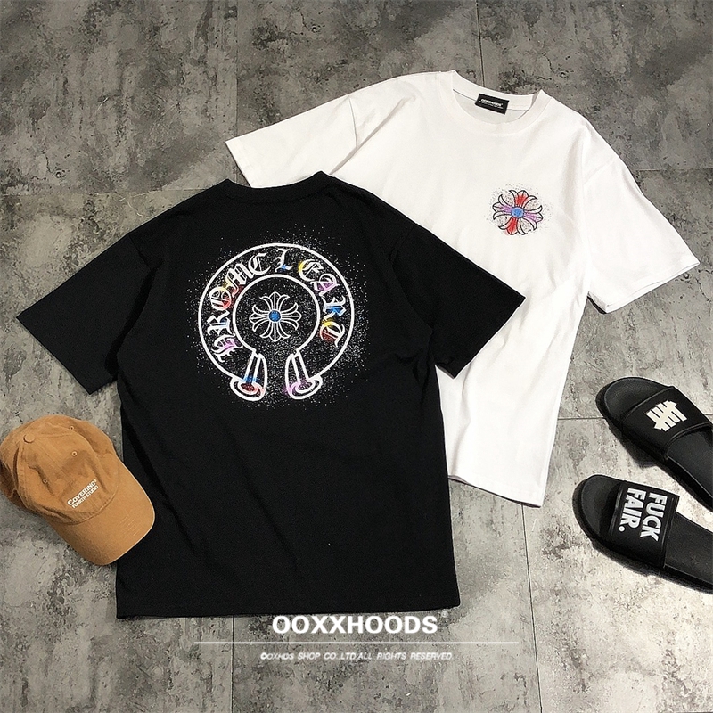 彩色喷绘印花马蹄十字架tee潮牌纯棉宽松身欧美女男友bf棉短袖T恤