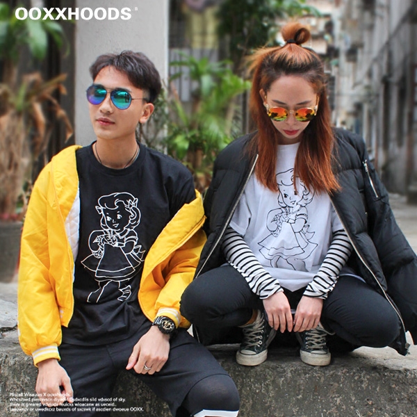 欧美简约百搭线条板画黑白印花女孩天使纯棉短袖T恤男友BF宽松OS