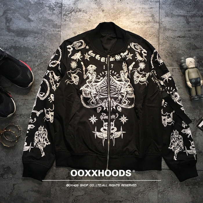 欧美黑白印花骷髅女男友棒球夹克