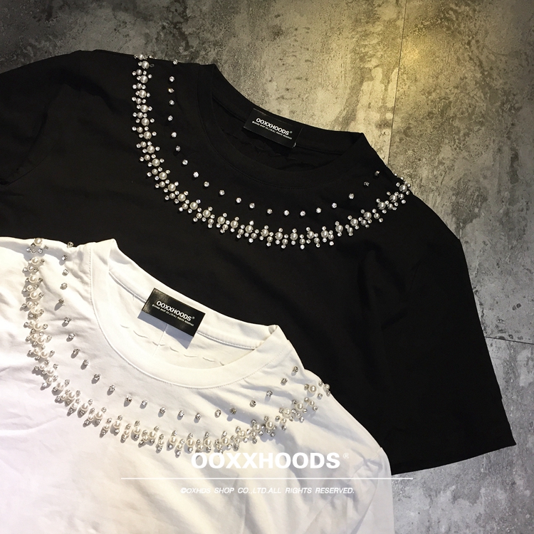 短袖街头常规钉珠，镶钻纯棉