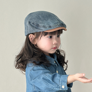 简约复古水洗牛仔前进帽男女童韩版百搭贝雷帽显脸小反戴鸭舌帽子