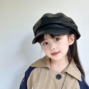 儿童帽子春秋贝雷帽女童鸭舌帽皮质英伦八角帽秋冬男童宝宝画家帽