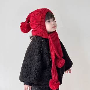 儿童帽子围巾一体毛线帽冬季宝宝2025新款女童小孩加厚保暖护耳帽