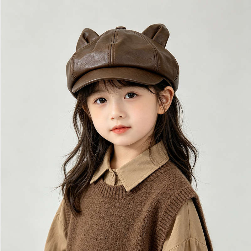 儿童帽子秋冬贝雷帽皮质女童鸭舌帽冬季英伦八角帽男童宝宝画家帽