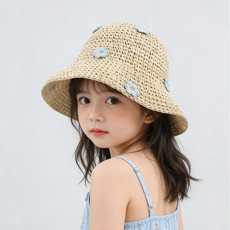 儿童防晒帽夏季女童宝宝帽子草帽渔夫帽小孩遮阳帽海边沙滩太阳帽