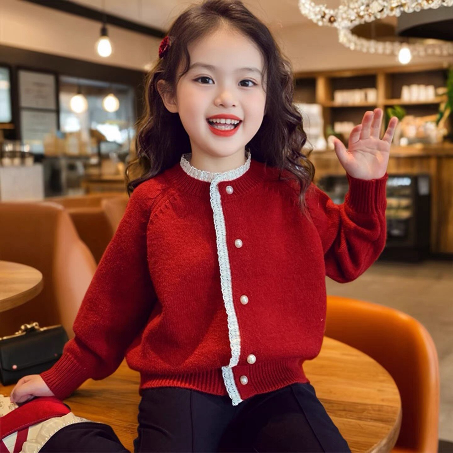 全棉安哥拉红女童小香风开衫毛衣秋冬2025新款儿童小女孩红色针织