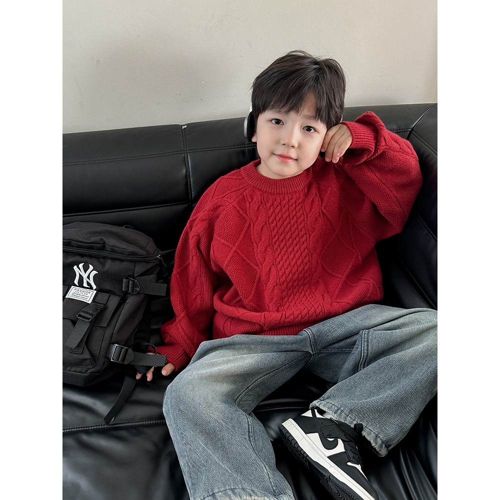 全棉男童红色毛衣秋冬款2025新款冬季打底衫加厚毛线衣儿童套头针