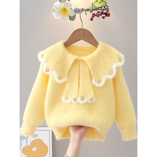 全棉女童秋冬毛衣2025新款洋气娃娃领水貂绒针织衫甜美百搭儿童打