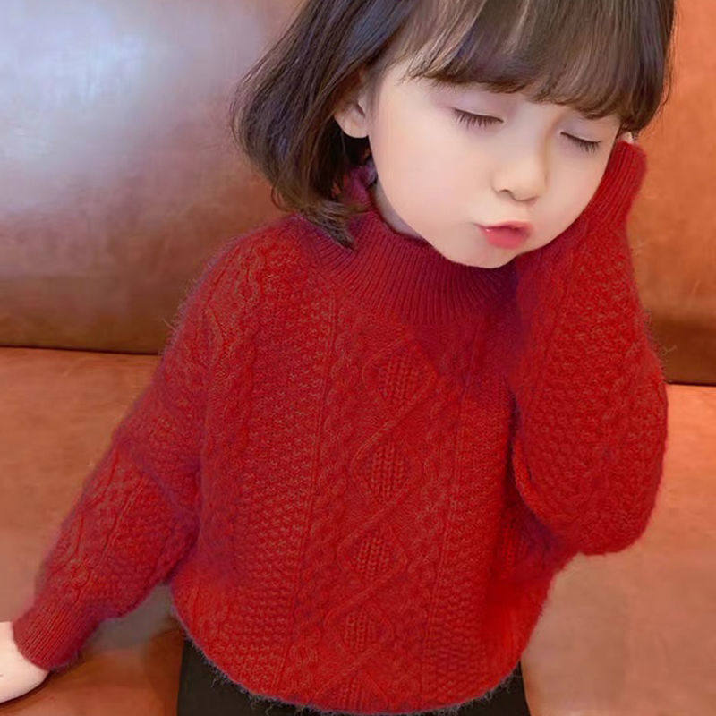 全棉女童毛衣加绒加厚本命年红色打底衫圆领秋冬装保暖针织上衣服