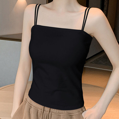 全棉黑色吊带背心女内搭带胸垫新款美背文胸一体外穿纯棉打底上衣