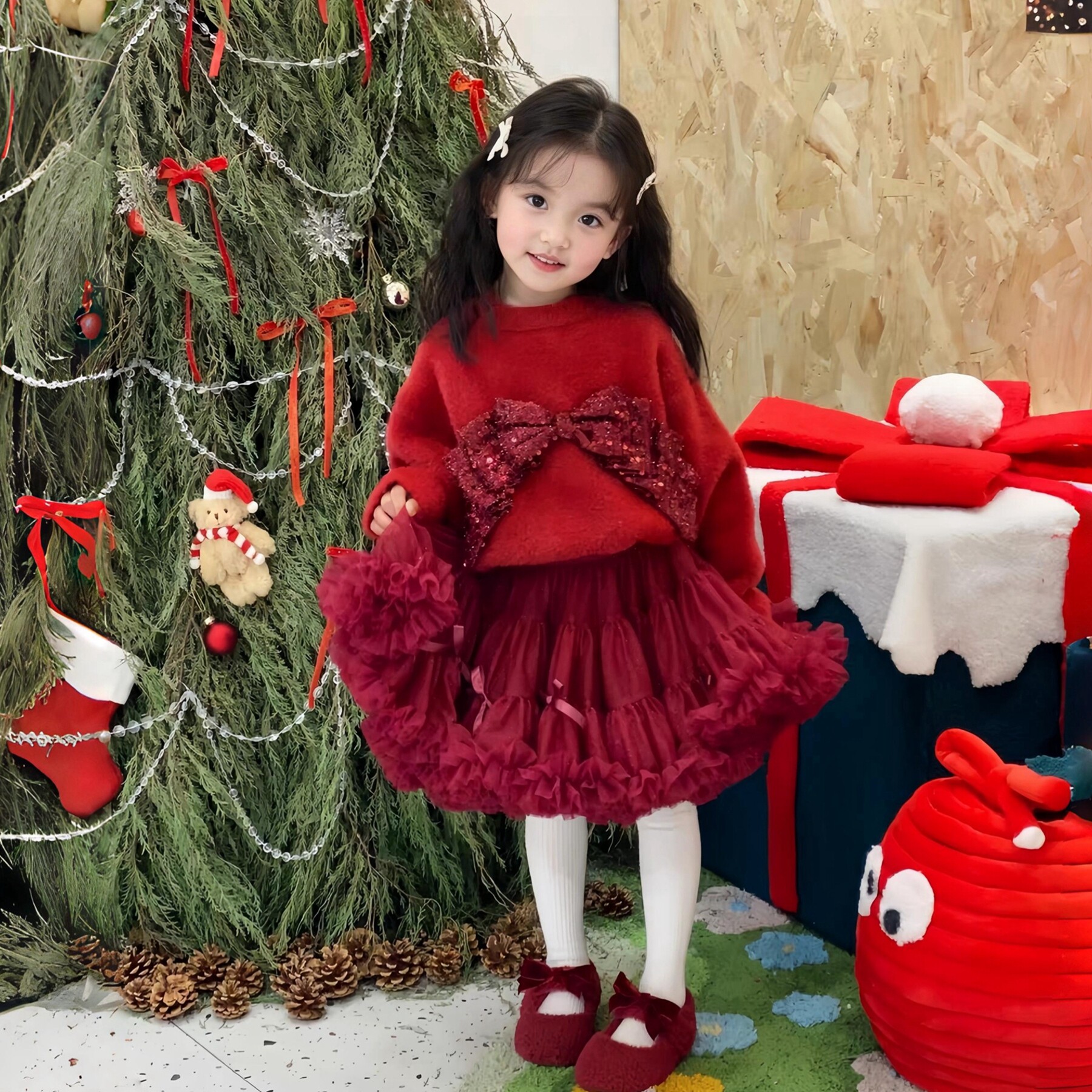 全纯棉女童仿貂绒毛衣冬装2025新款儿童圣诞红色上衣女孩宽松圆领