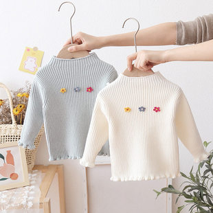 全棉女童毛衣打底衫2026新款春季儿童薄款修身套头衫白色洋气宝宝