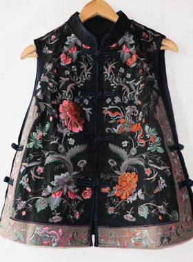 满绣花马甲棉麻盘扣侧面全开系扣民族风女装春季圆领单排扣2024年