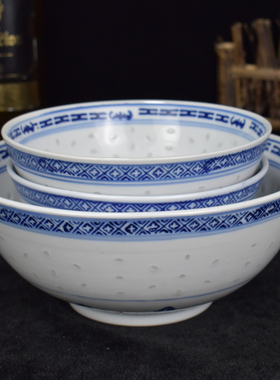 老式复古风米通青花瓷汤碗玲珑面碗圆形景德镇陶瓷菜碗大小号饭碗