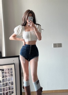 Oguri Li女团辣妹高腰牛仔亮钻流苏薄款热裤显瘦牛仔短裤