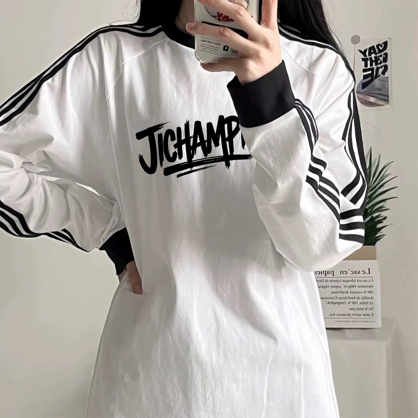 季冠军春夏新款纯棉正品长袖t恤女运动圆领减龄打底衫套头上衣男