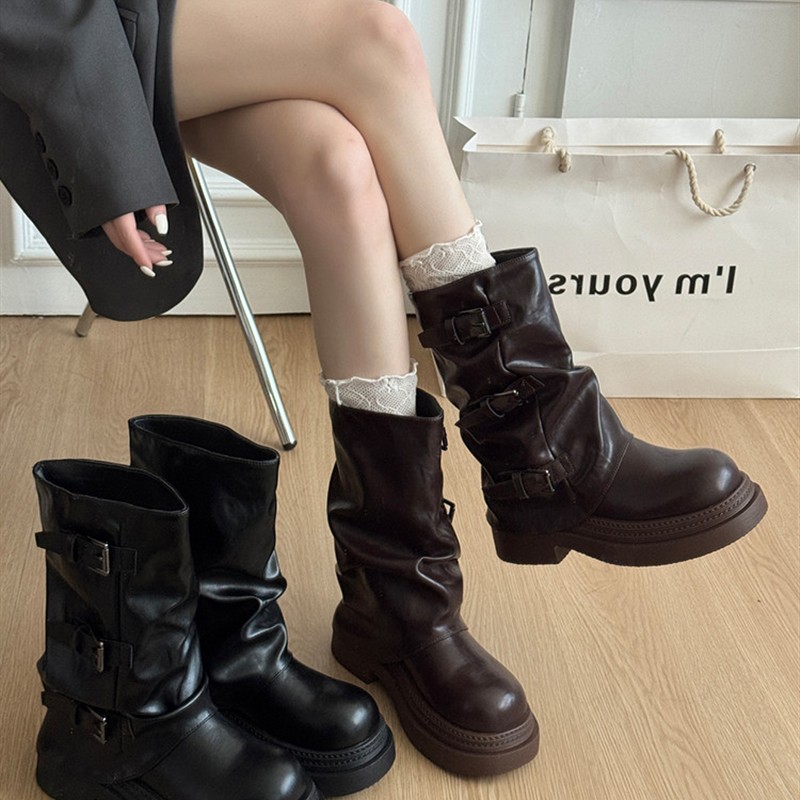 黑色马丁靴女款2025新款秋冬英伦风中筒靴子厚底显瘦裤管堆堆短靴