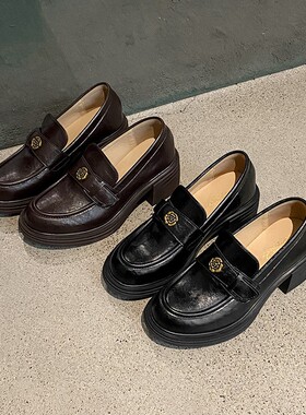 真皮厚底乐福鞋女2026新款春夏英伦覆古单鞋黑色小皮鞋